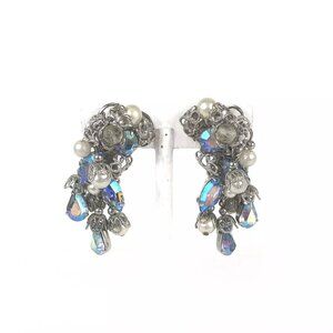 Miriam Haskell Unsigned Waterfall Chandelier Dangle AB Crystal Clip on Earrings